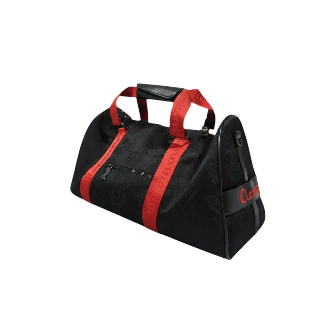 Vallmountbotique black embossed monogram duffle bag with red straps and accents, ideal for travel or gym.