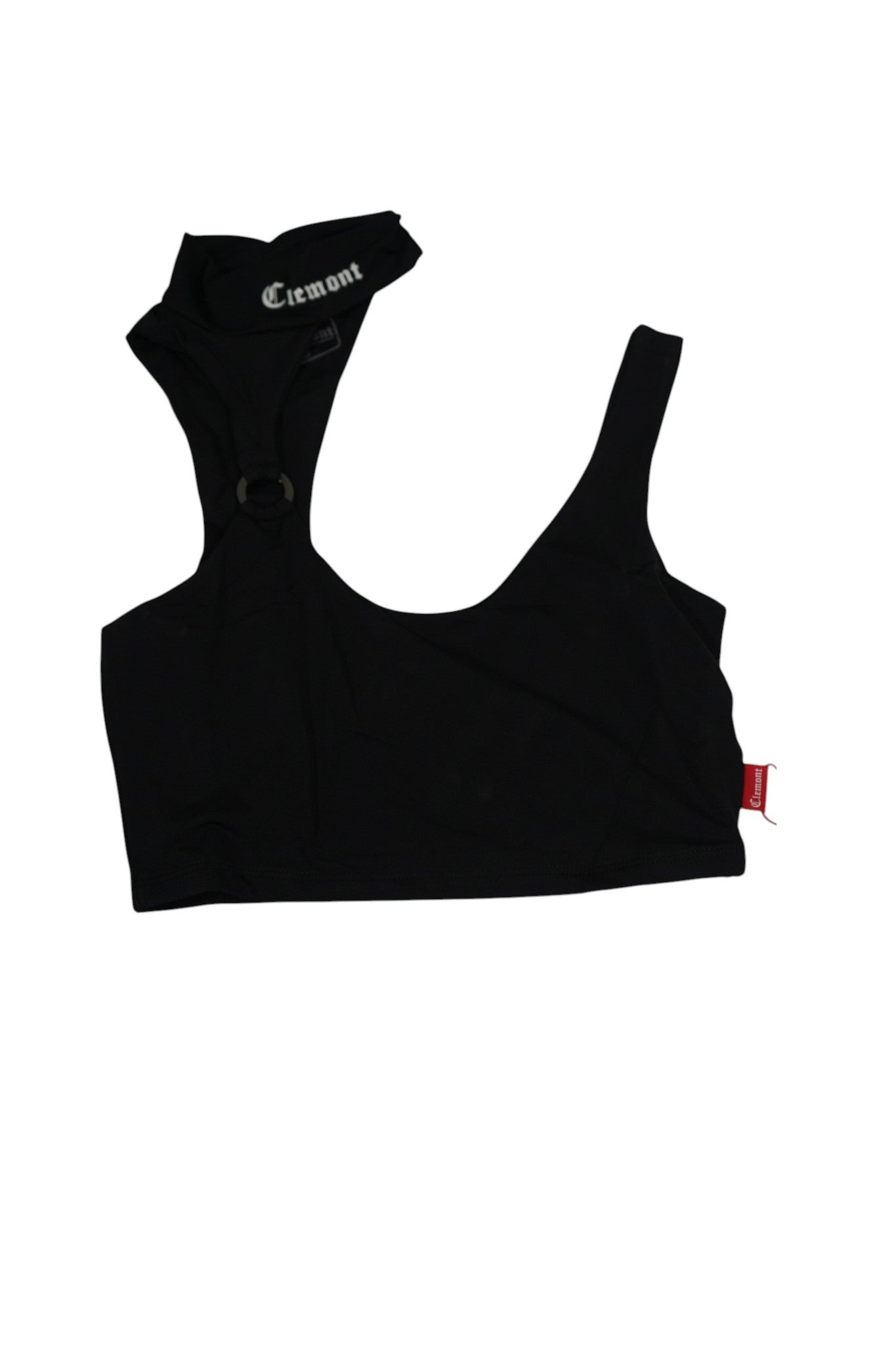 Vallmountbotique black one-shoulder crop top with metal ring detail and cutout.