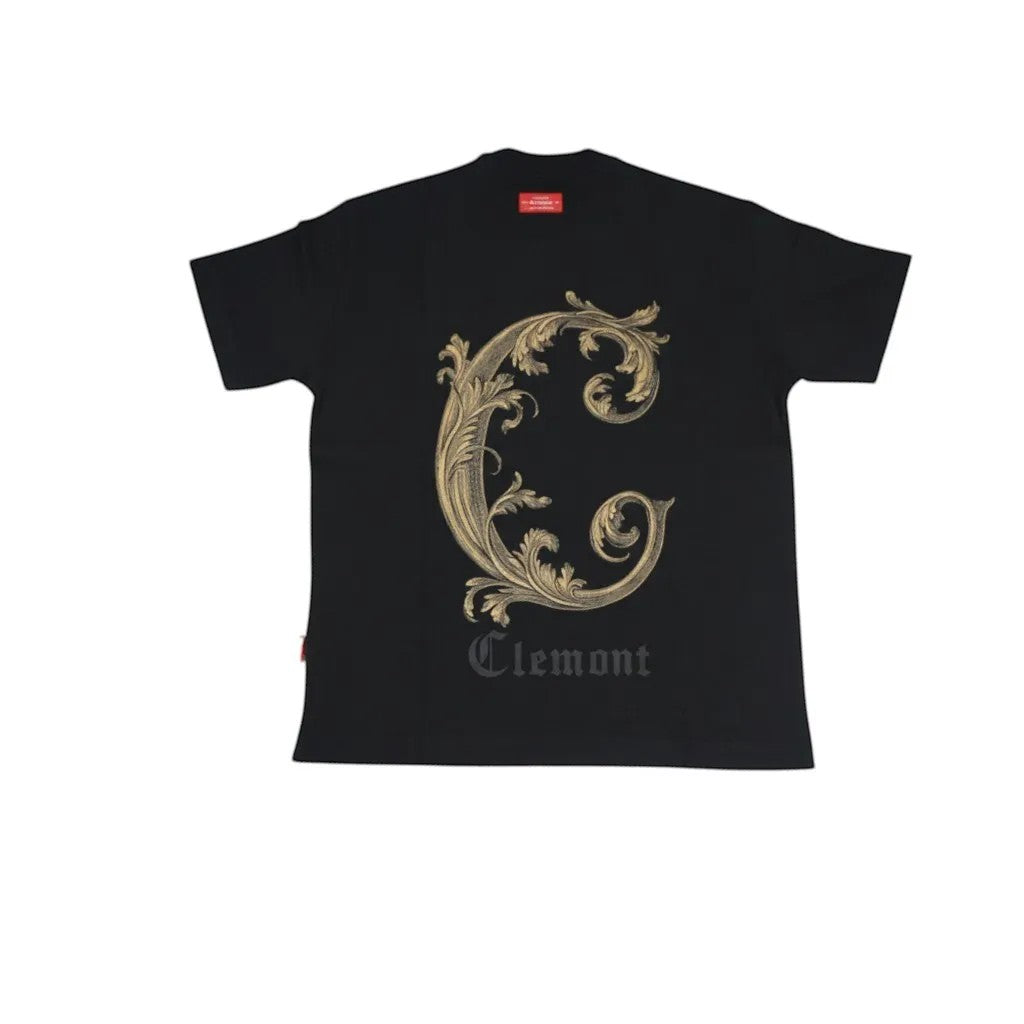 Vallmountbotique black t-shirt with gold ornate letter C graphic and 'Clemont' text below.