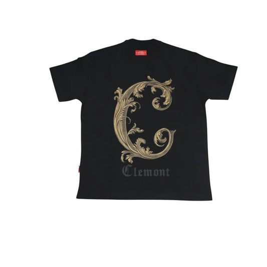 Vallmountbotique black t-shirt with gold ornate letter C graphic and 'Clemont' text below.