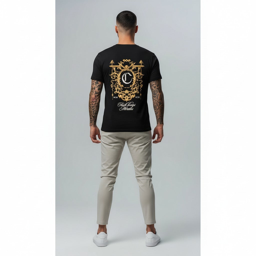 Vallmountbotique black cotton t-shirt with ornate gold crest graphic on back and chest, featuring