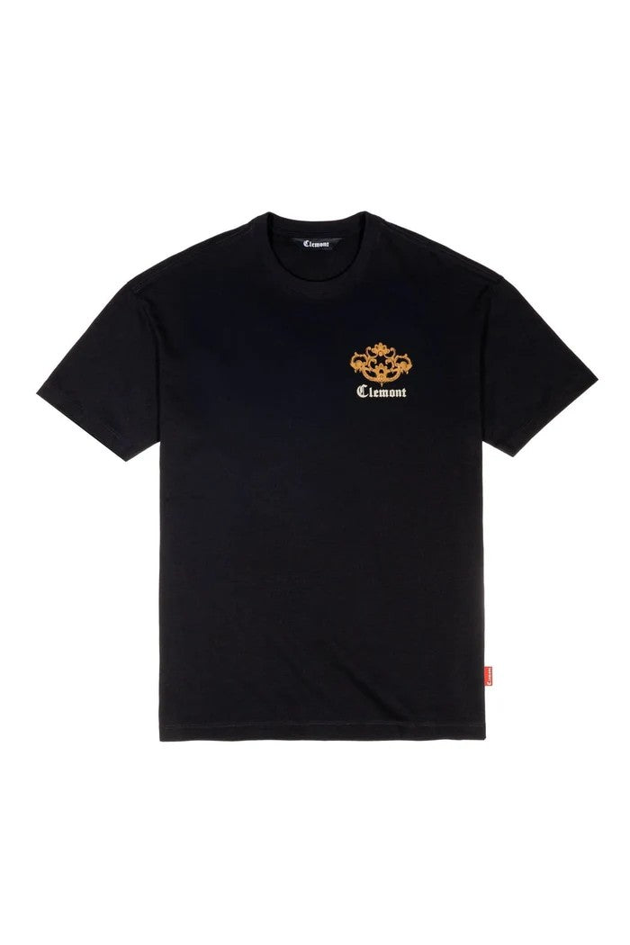 Vallmountbotique black cotton t-shirt with ornate gold crest graphic on chest and back.