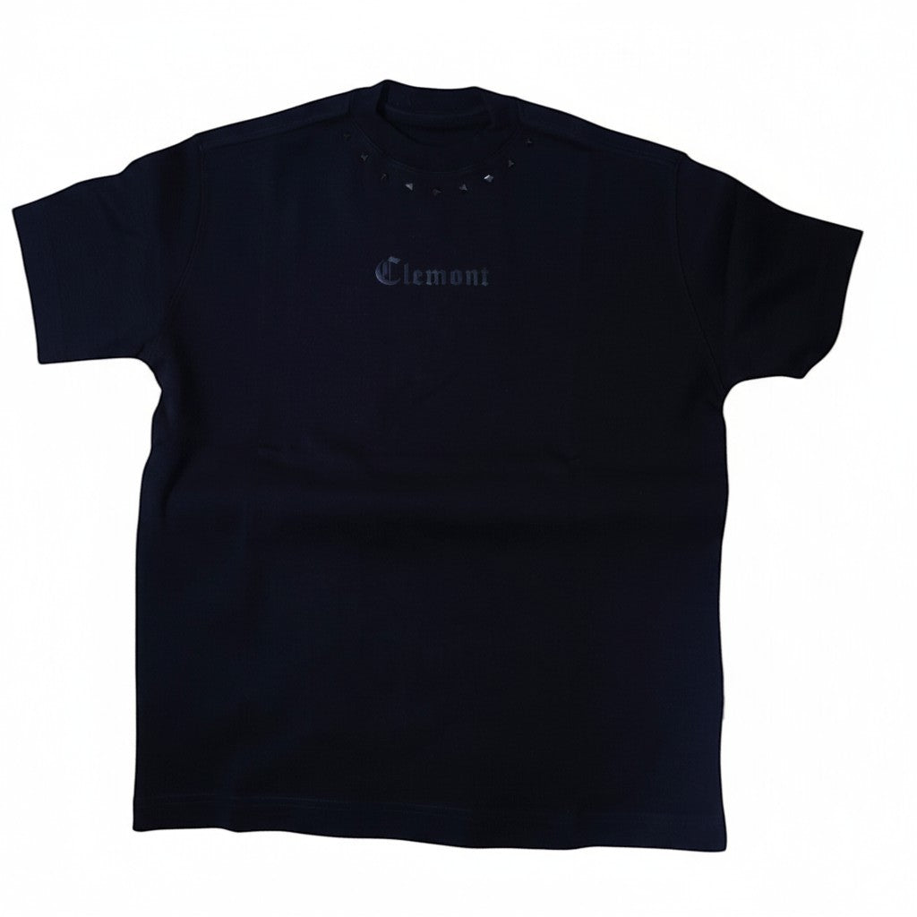 Vallmountbotique black oversized cotton t-shirt with studded neckline and gothic 'Clement' logo.