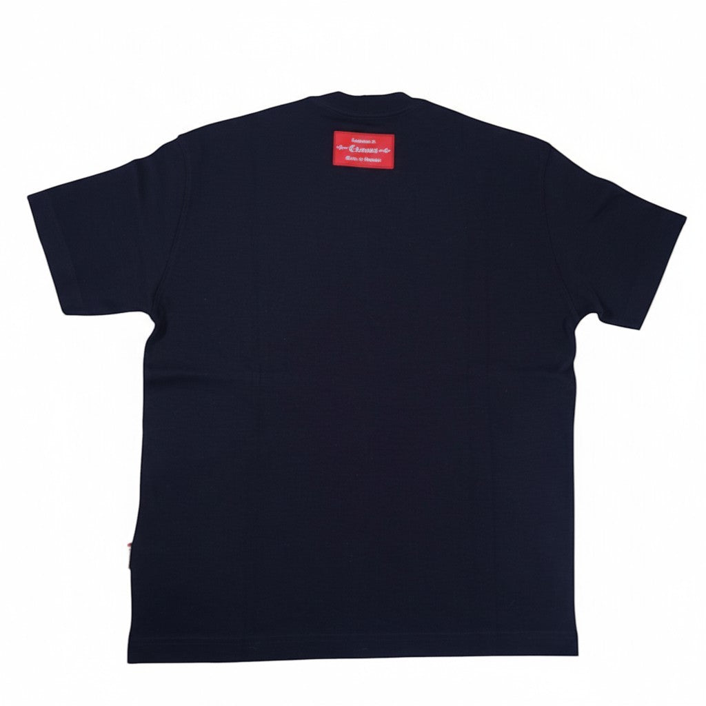 Vallmountbotique black oversized cotton t-shirt with studded neckline and gothic 'Clement' logo.