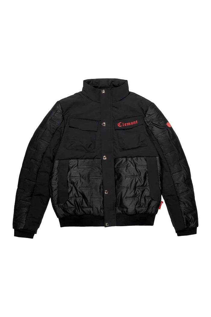 vallmountbotique black padded bomber jacket with quilted paneling, zip-up front, and ribbed cuffs, collar, and hem.