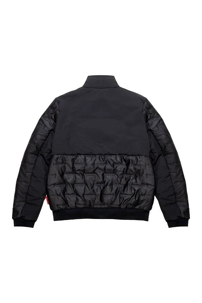 vallmountbotique black padded bomber jacket with quilted paneling on lower half, ribbed collar, cuffs, and hem.