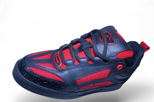 Vallmountbotique black and red men's fashion sneakers with mesh panels and textured toe cap.