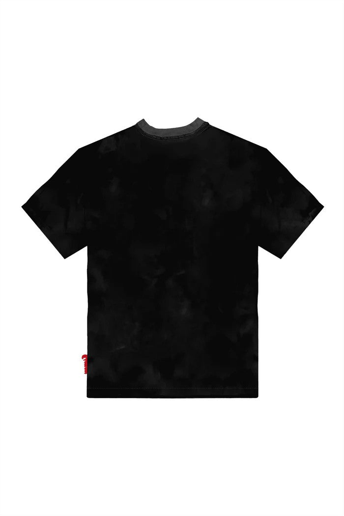 Vallmountbotique black cotton blend t-shirt with crew neck and tie-dye effect.