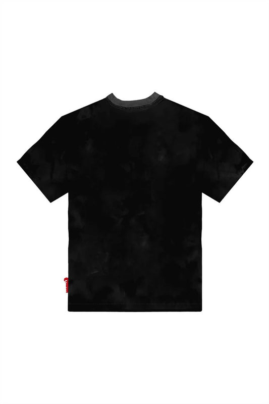 Vallmountbotique black cotton blend t-shirt with crew neck and tie-dye effect.