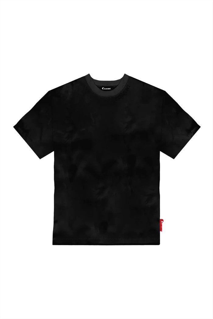 Vallmountbotique black cotton blend t-shirt with crew neck, short sleeves, and a subtle tie-dye effect.