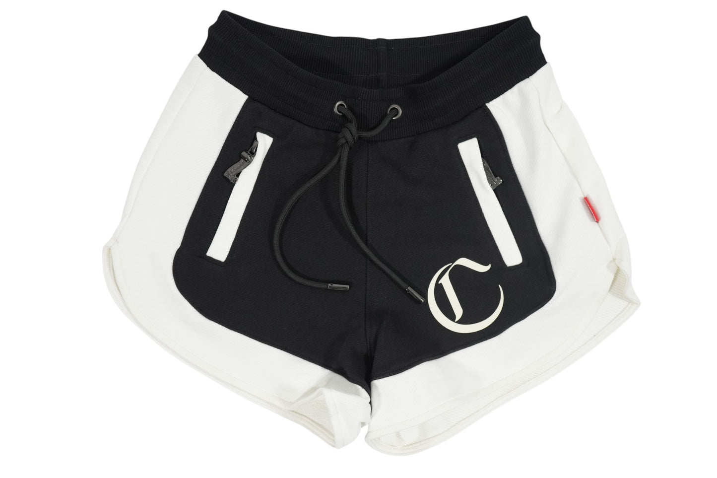 Vallmountbotique black and white athletic shorts with drawstring, zippered pockets, and embroidered logo.