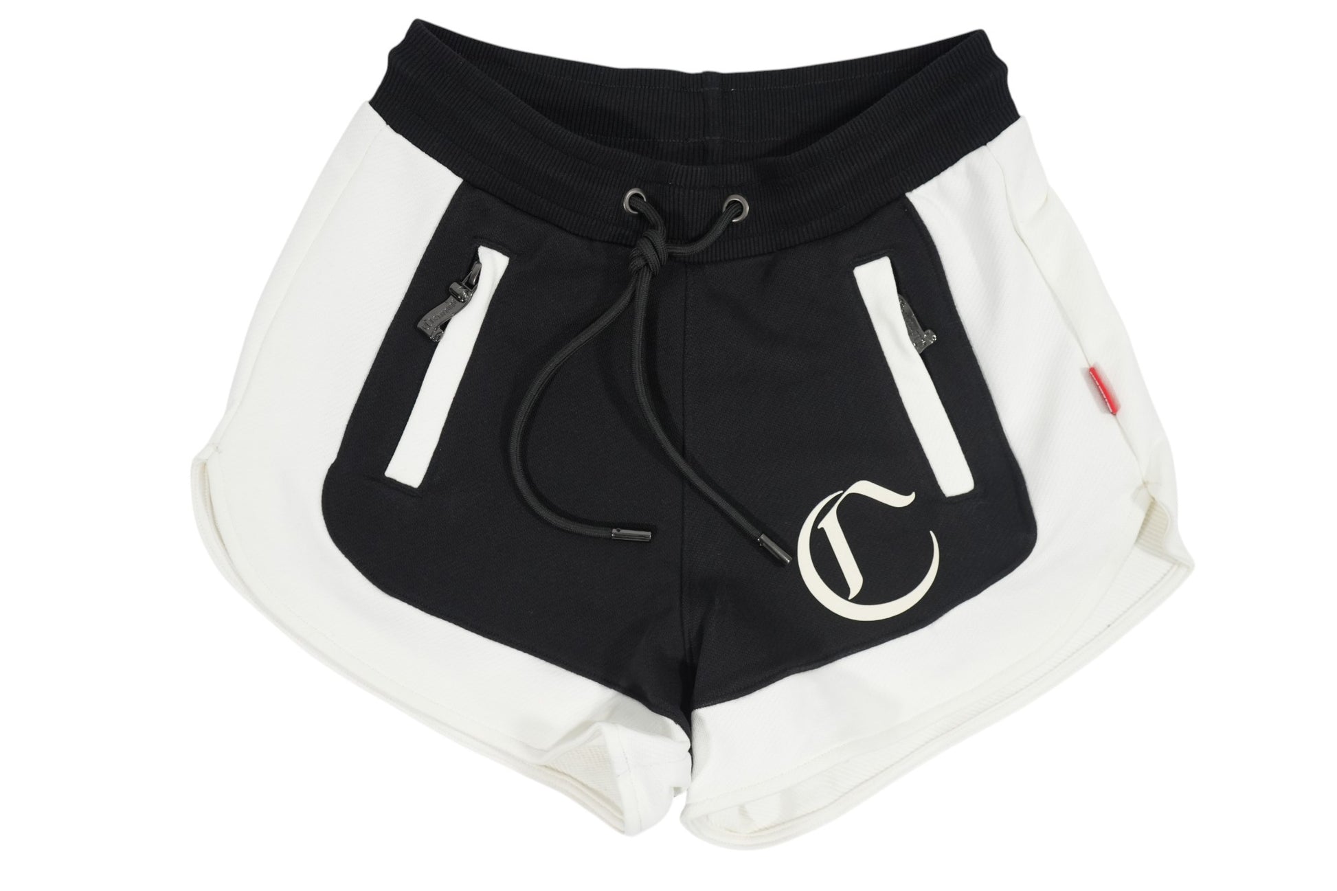 Vallmountbotique black and white athletic shorts with drawstring, zippered pockets, and embroidered logo.