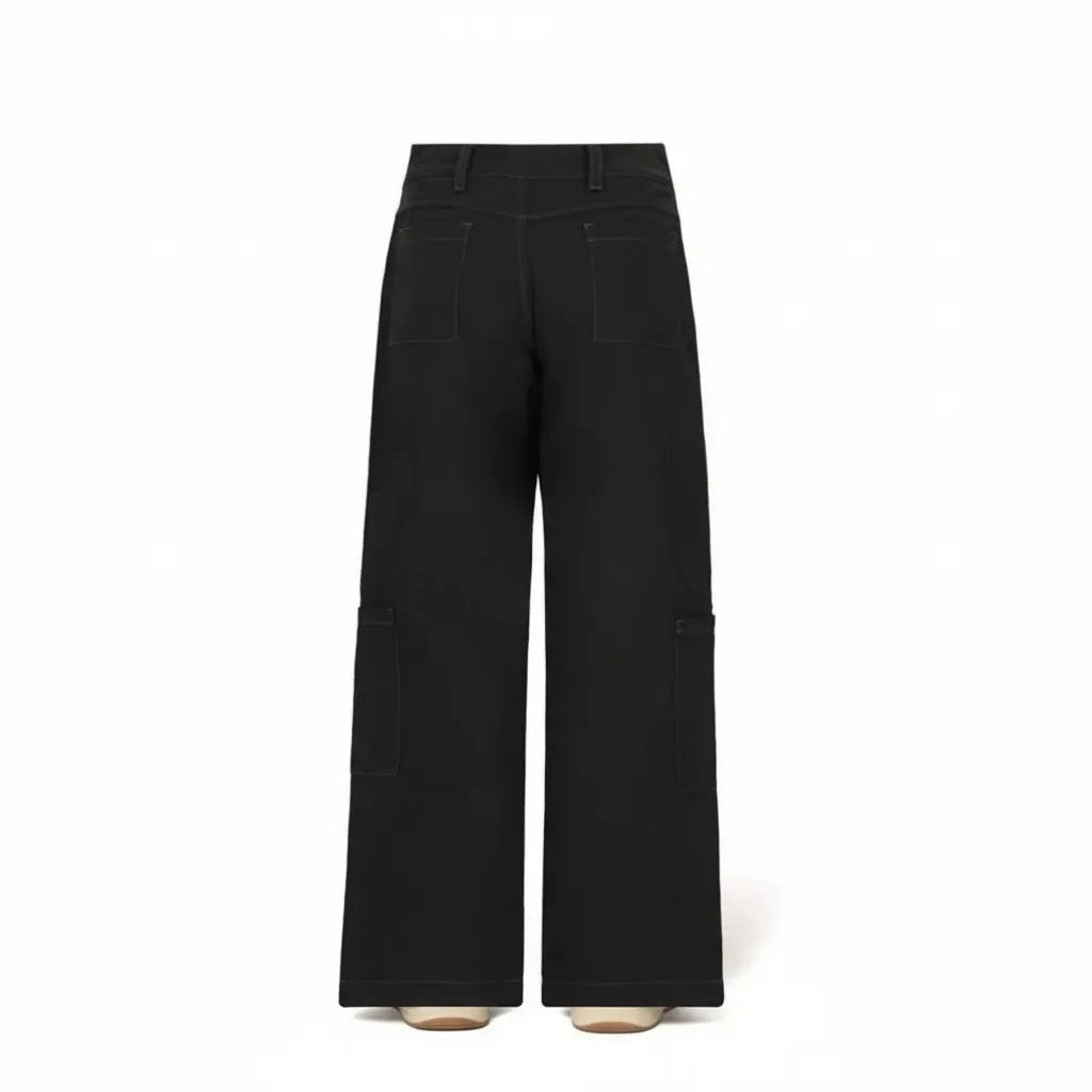 vallmountbotique black wide-leg cotton cargo pants with contrast white stitching and utility pockets.