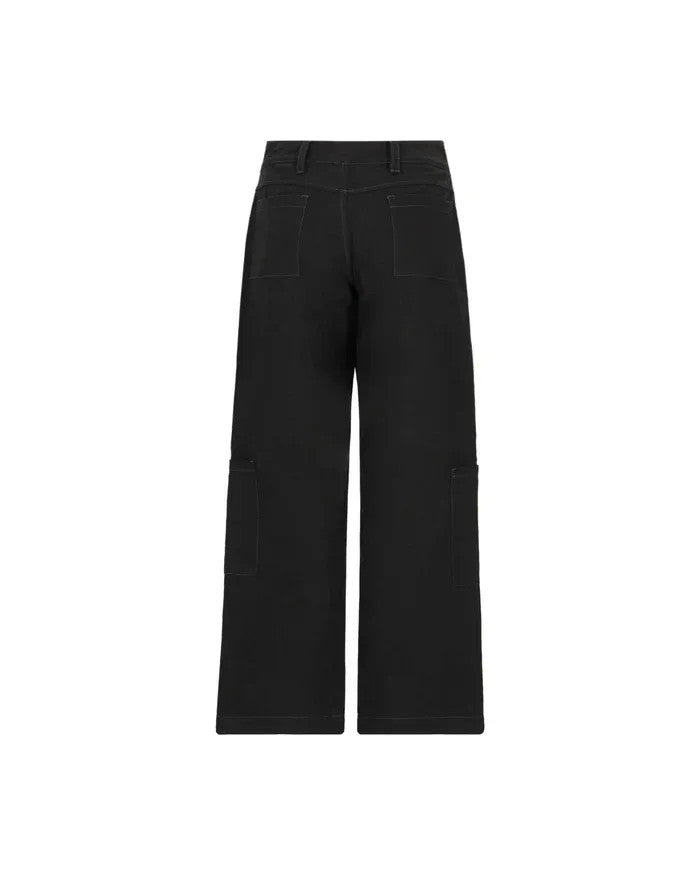 vallmountbotique black wide leg cotton cargo work pants with contrast white stitching and utility pockets
