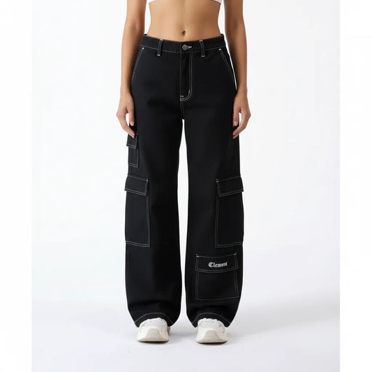 vallmountbotique black wide-leg cotton cargo pants with contrast white stitching and utility pockets.