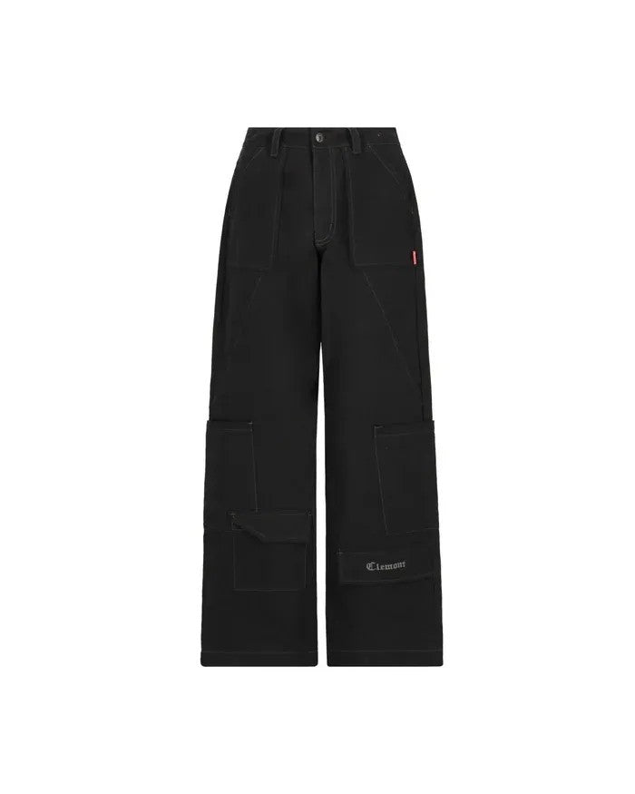 Vallmountbotique black wide-leg cotton cargo pants with contrast white stitching and utility pockets.
