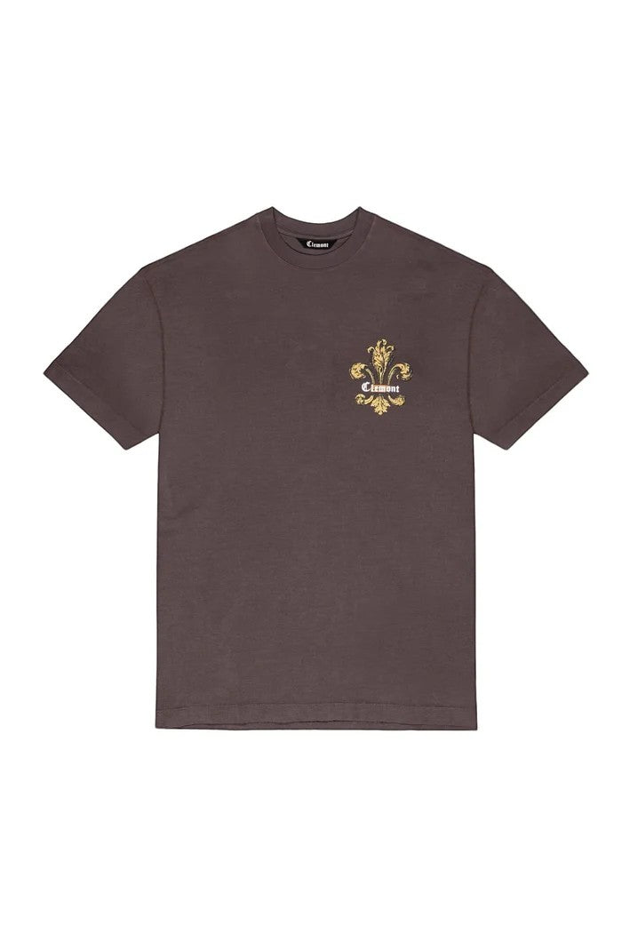 Vallmountbotique brown cotton t-shirt with gold embroidered fleur-de-lis emblem on chest.