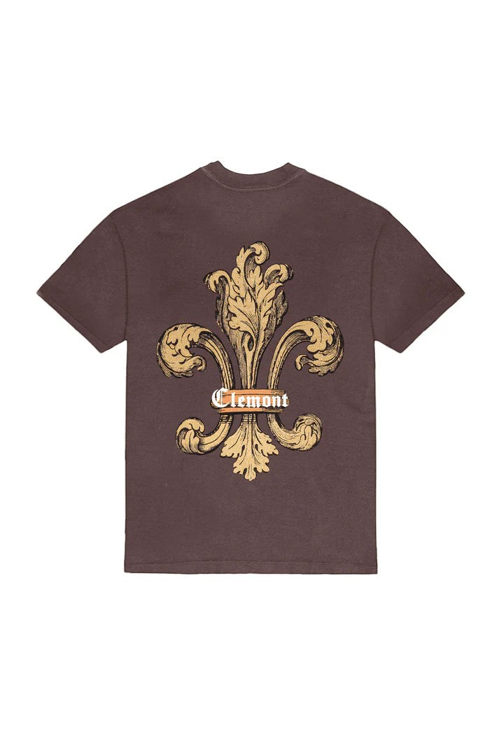 Vallmountbotique brown cotton t-shirt with gold embroidered fleur-de-lis graphic on back and chest emblem.