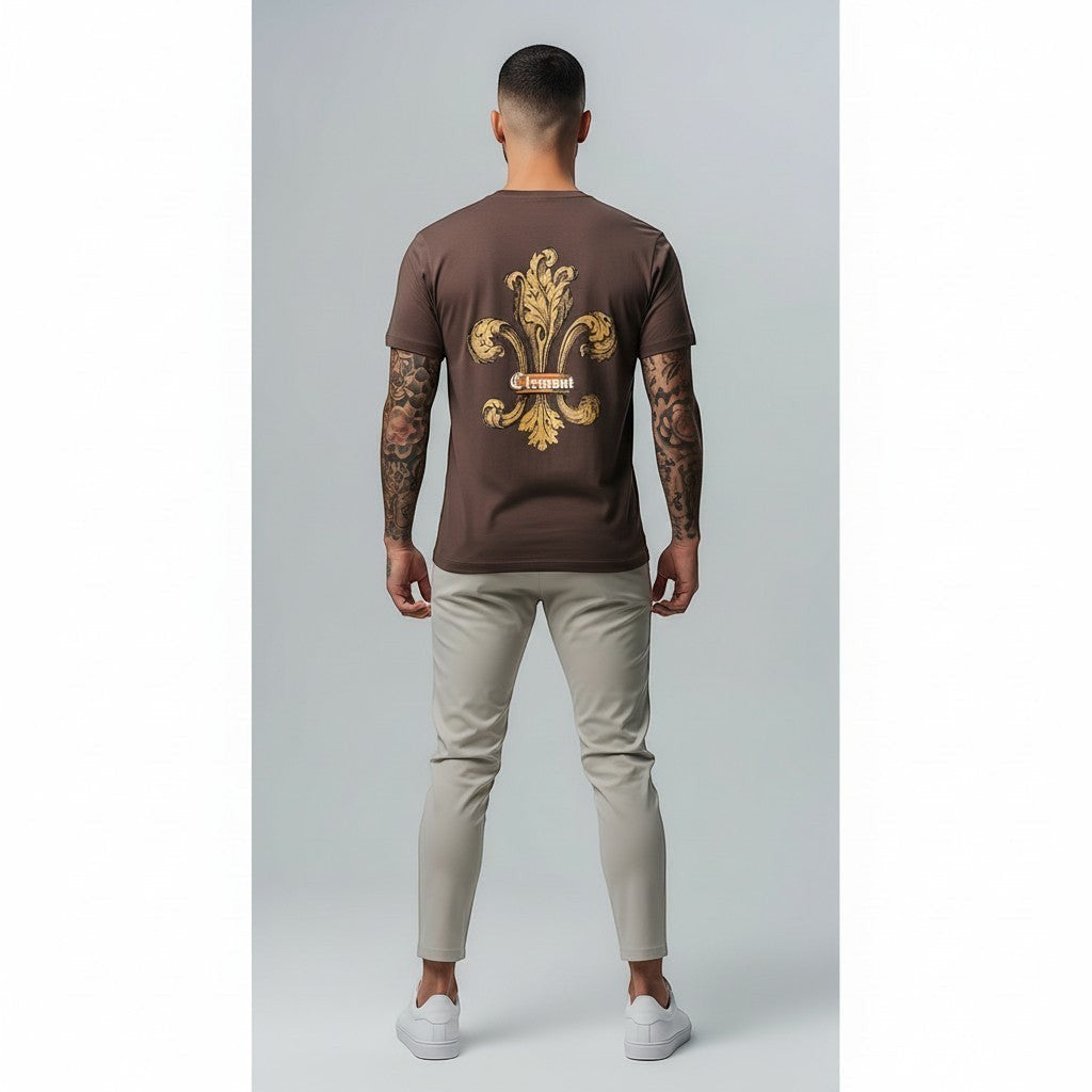 Vallmountbotique brown cotton t-shirt with gold fleur-de-lis graphic on back and chest emblem.