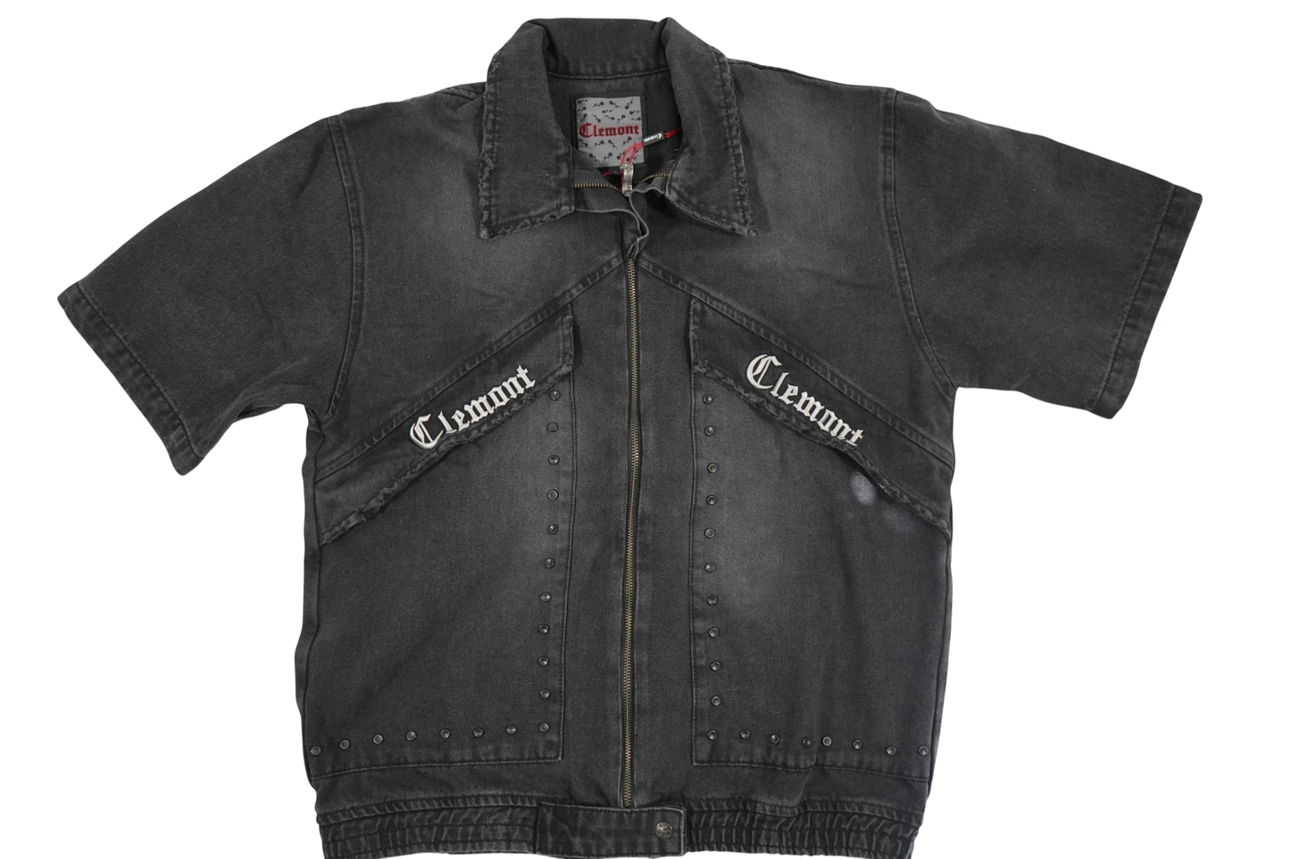 Vallmountbotique charcoal wash denim work shirt with short sleeves, zip front, and embroidered logo.