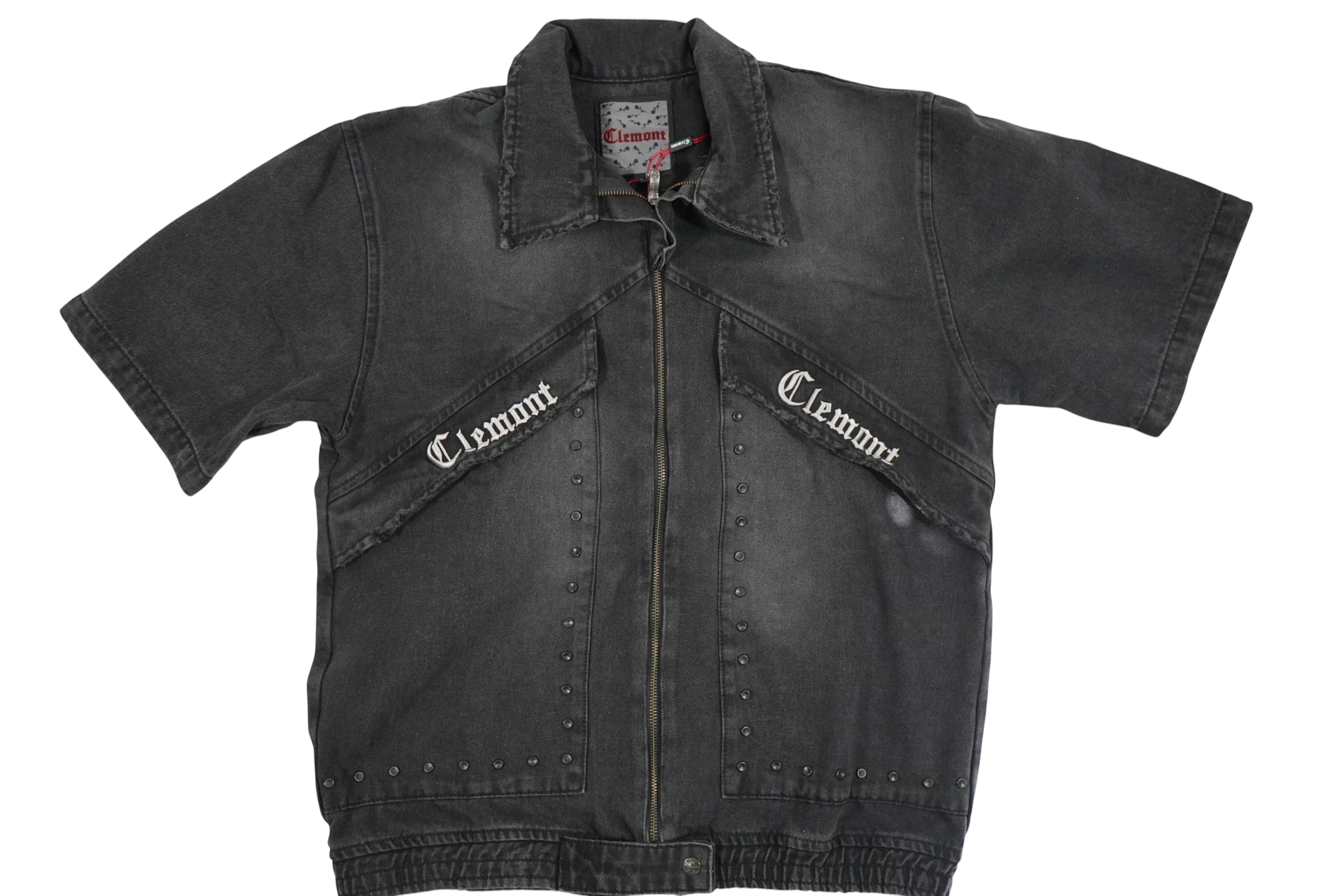 Vallmountbotique charcoal wash denim work shirt with short sleeves, zip front, and embroidered logo.