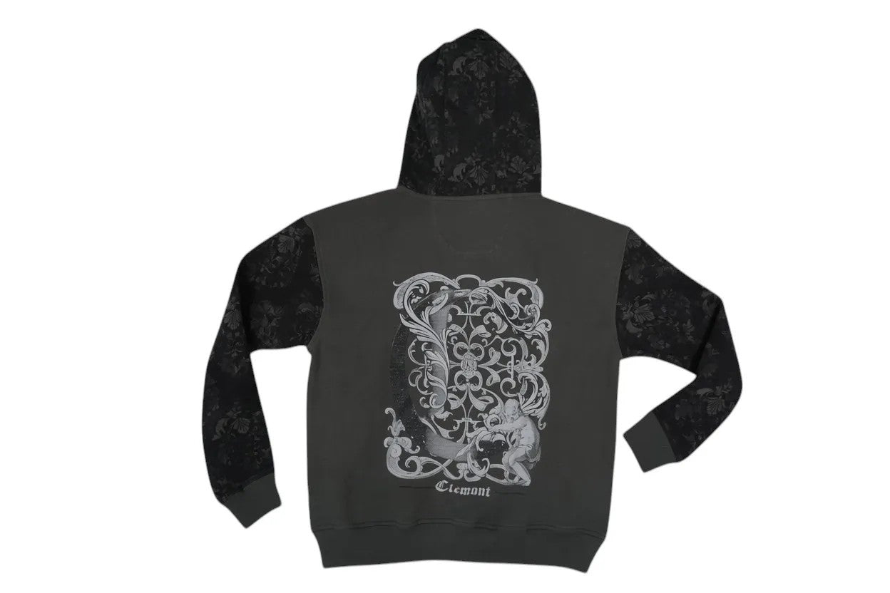 Vallmountbotique charcoal grey cotton blend hoodie with floral sleeves and graphic.