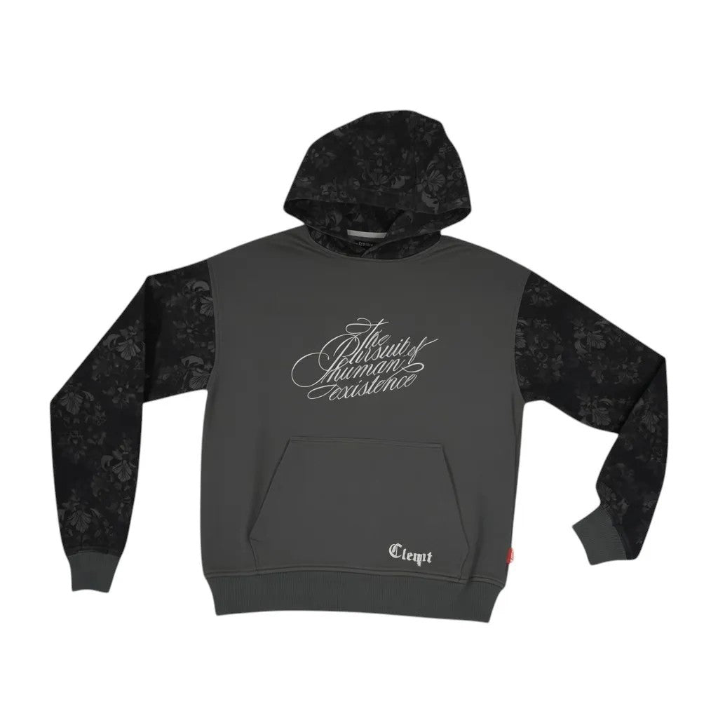 Vallmountbotique charcoal grey hoodie with floral sleeves and white script graphic on chest. Cotton blend with drawstring hood and kangaroo pocket.