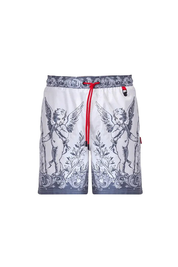 vallmountbotique white swim shorts with cherub and baroque print, adjustable drawstring, quick-drying fabric.