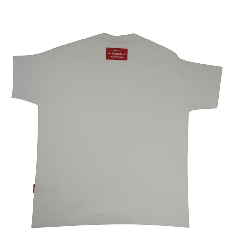 Vallmountbotique cream cotton oversized t-shirt with embellished neckline and embossed logo detail.