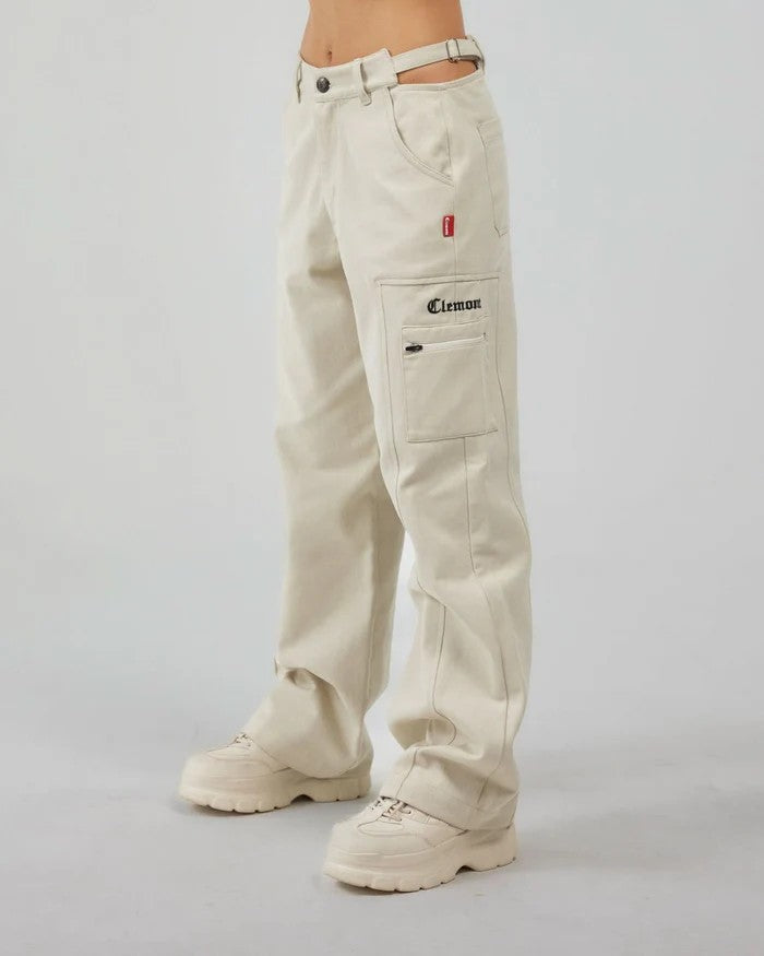 Vallmountbotique cream cotton blend wide-leg cargo pants with cutout waist detail and belt.