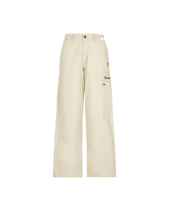 Vallmountbotique cream cotton blend wide-leg cargo pants with cutout waist detail and matching belt.