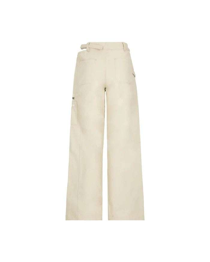 Vallmountbotique cream wide-leg cargo pants with cutout waist detail and matching belt. Cotton blend.