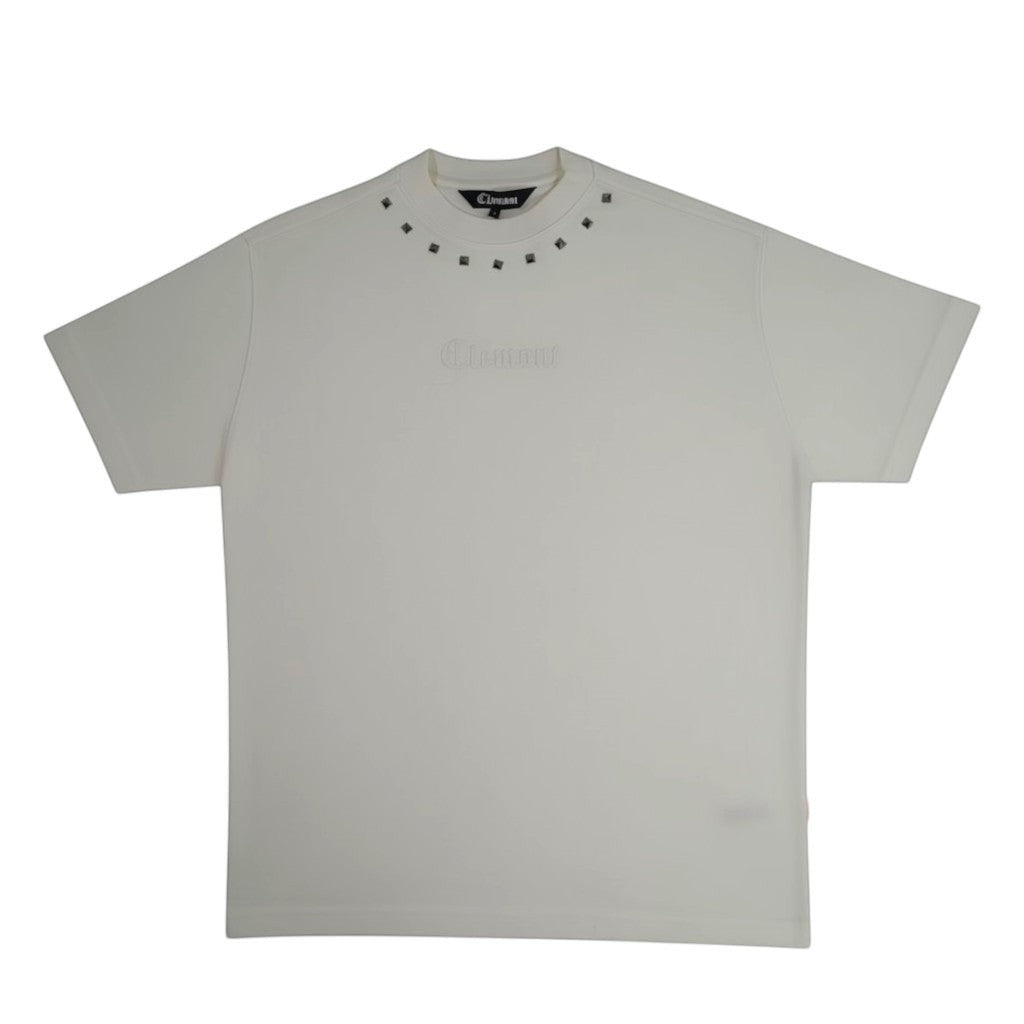 Vallmountbotique cream oversized cotton t-shirt with crew neck and embellished stud detailing around the neckline. Embossed logo on chest.