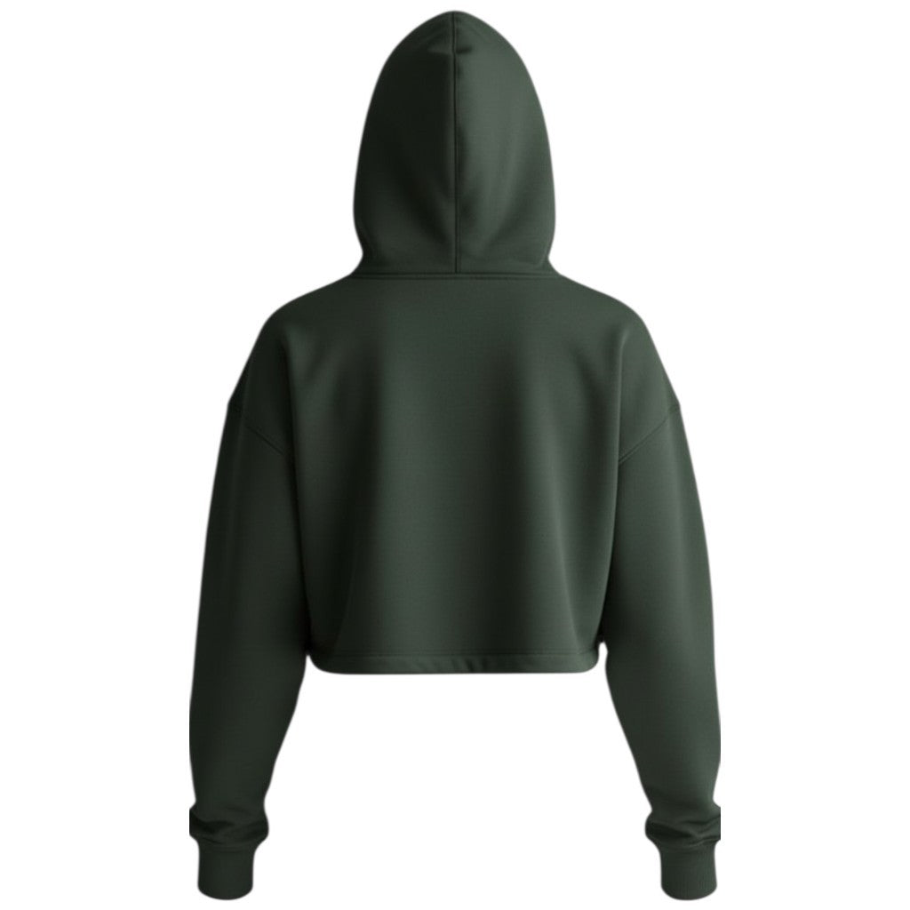 Vallmountbotique dark green cropped hoodie with graphic print and hood. Relaxed fit, long sleeves, and comfortable fabric.