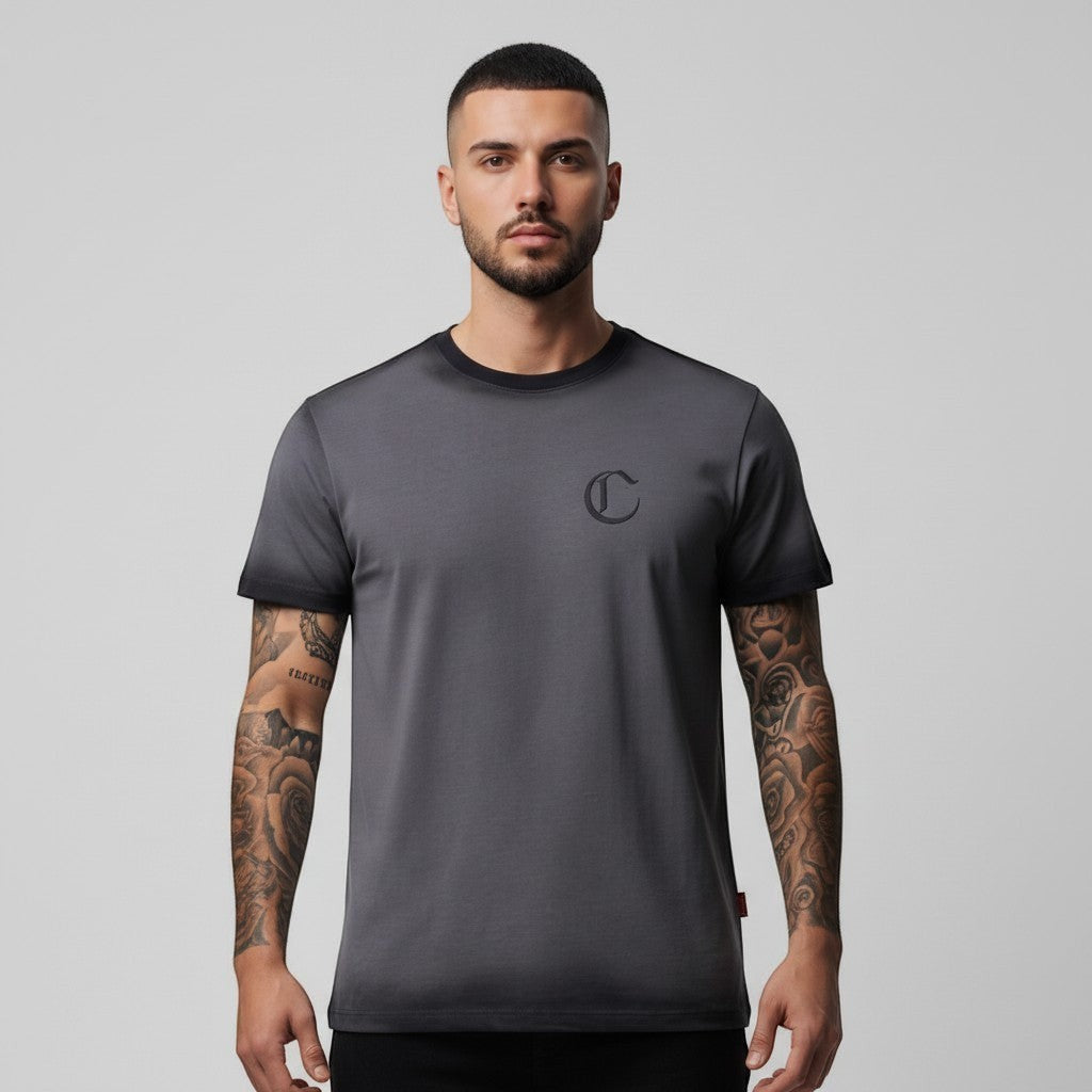 Vallmountbotique men's dark grey crew neck t-shirt with black trim and embroidered logo.