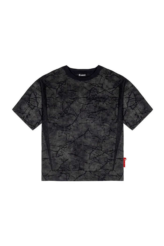 vallmountbotique dark grey marble print crew neck t-shirt with short sleeves and textured fabric.