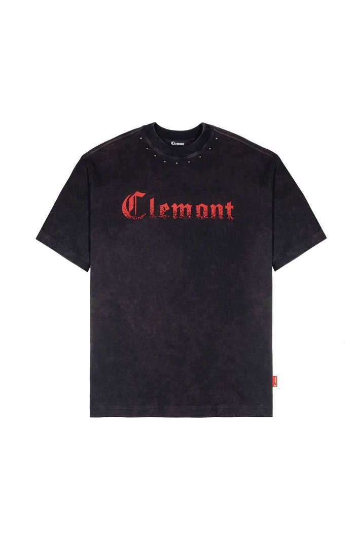 Vallmountbotique distressed charcoal cotton t-shirt with red gothic logo and metal stud neckline detail.