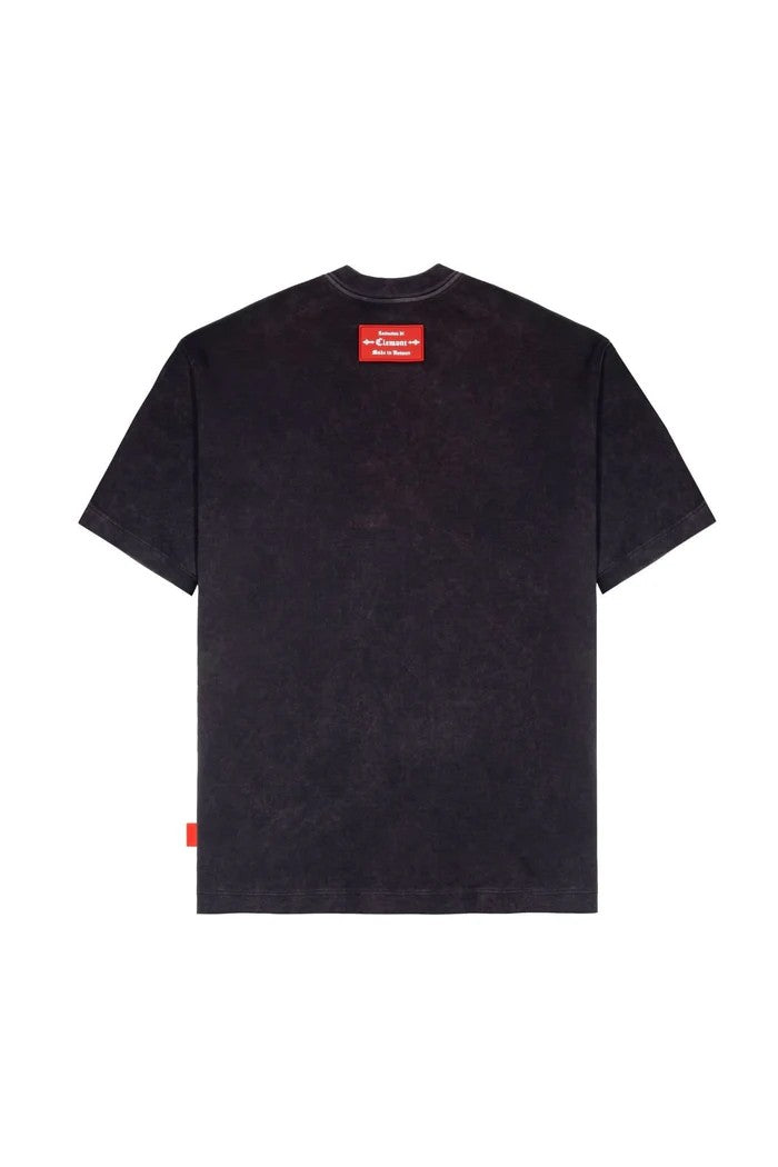 vallmountbotique distressed charcoal cotton graphic t-shirt with red gothic logo and red tag detail.