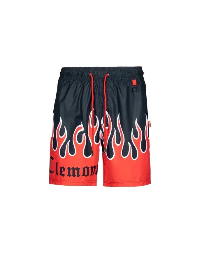 Vallmountbotique black swim trunks with red and white flame print and drawstring waist.