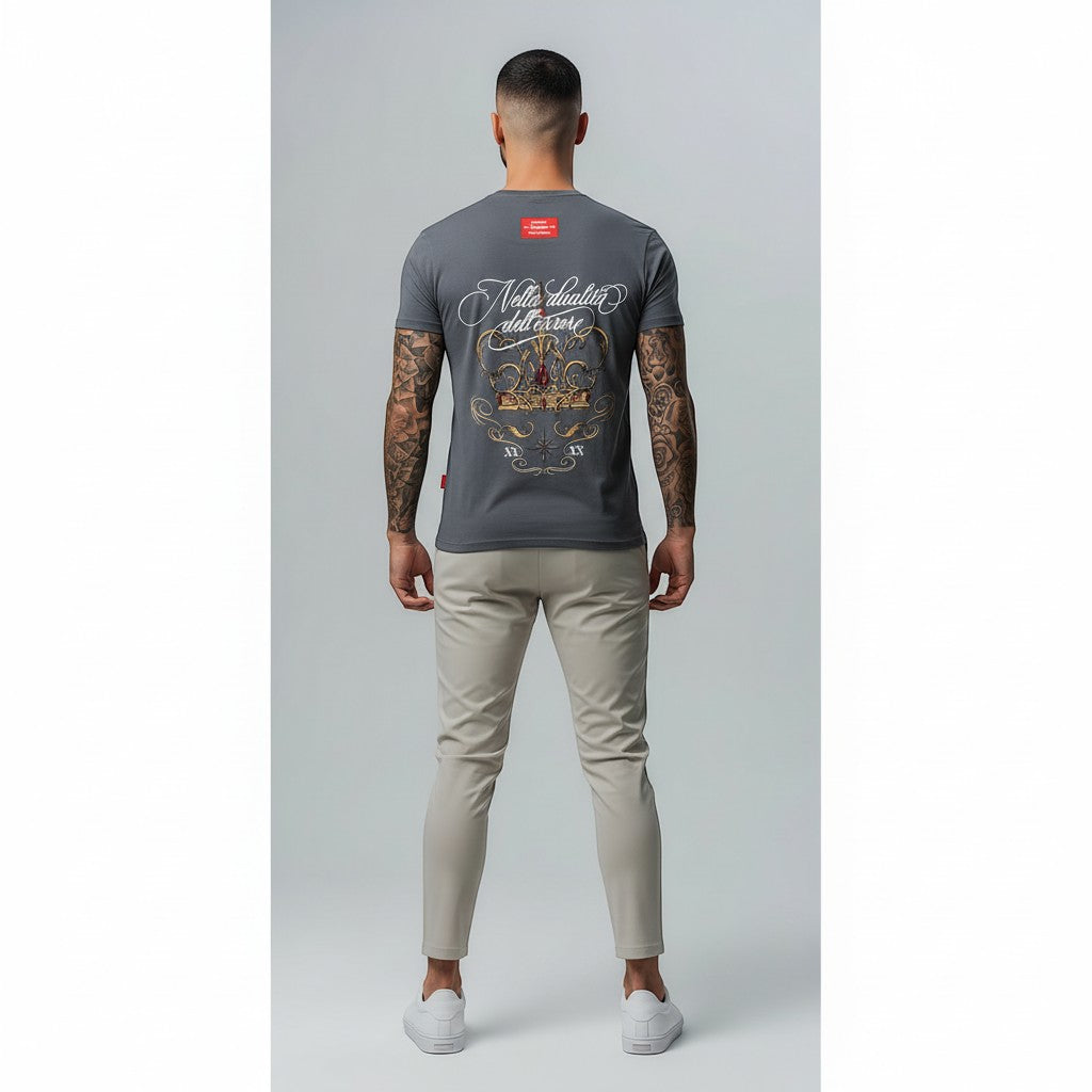 vallmountbotique grey cotton t-shirt with ornate gold crown graphic on back and small chest logo.