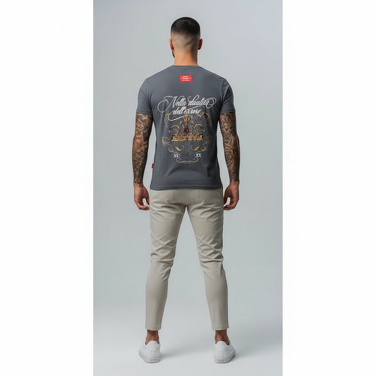 vallmountbotique grey cotton t-shirt with ornate gold crown graphic on back and small chest logo.