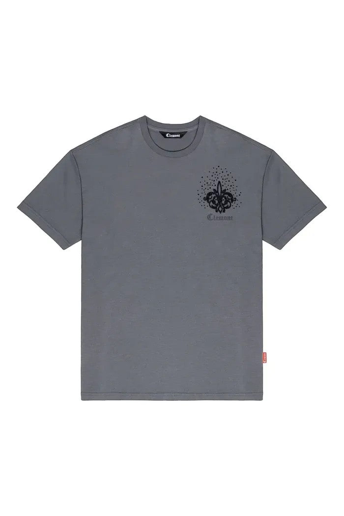 Vallmountbotique men's grey crew neck t-shirt with embroidered fleur-de-lis emblem on chest. Soft cotton, short sleeves, slim fit.