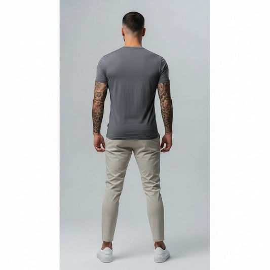vallmountbotique men's slim fit grey cotton crew neck t-shirt with embroidered emblem on chest.