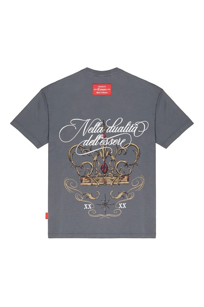 vallmountbotique grey cotton t-shirt with ornate gold crown graphic and Italian text on back.