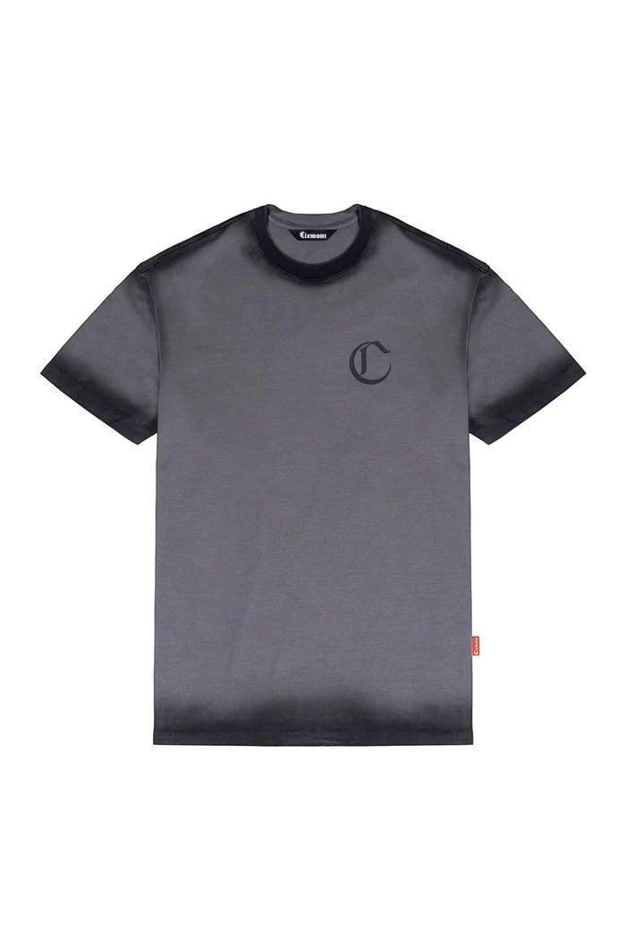 vallmountbotique grey t-shirt with black gradient hem and graphic logo
