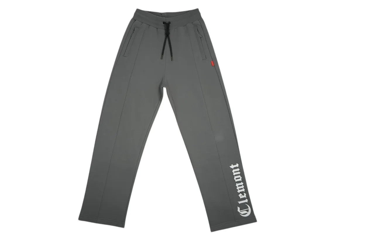 Vallmountbotique grey sweatpants with drawstring waist, side pockets, and 'Clement' logo printed down the leg.