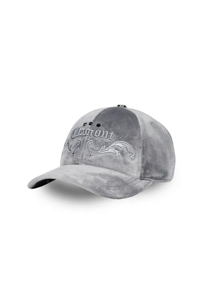 Vallmountbotique grey velvet baseball cap with tonal embroidered detailing and curved brim.