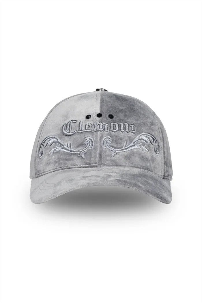 Grey velvet baseball cap by vallmountbotique with tonal embroidery and curved brim.