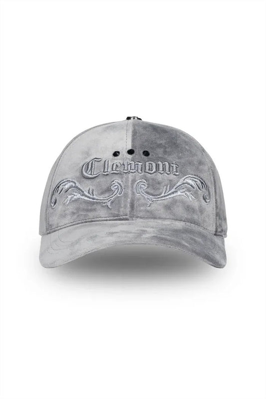 Grey velvet baseball cap by vallmountbotique with tonal embroidery and curved brim.