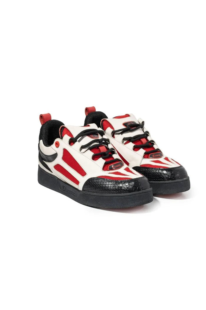 Vallmountbotique low top leather sneakers with white, red, and black accents. Features snakeskin toe cap and black sole.